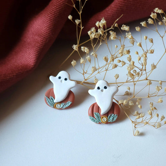 Miniature Clay Ghost Pumpkin Stud Earrings, Halloween Earrings