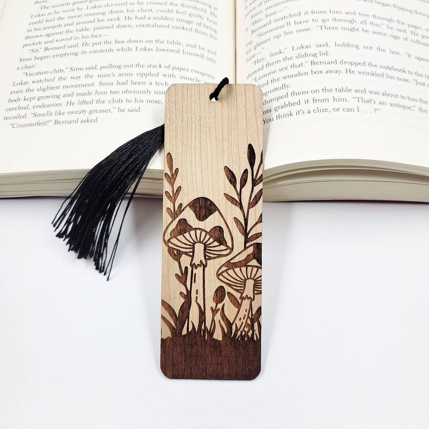 Whimsical mushrooms wood bookmark - book gifts, mushroom